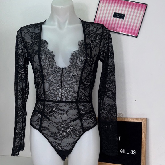 Victoria's Secret Other - 🔥Victoria's Secret Black Lace Long Sleeve Bodysuit lingerie Teddy Sz L NWT